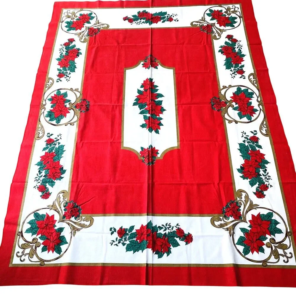 Christmas Tablecloth Vintage 1990's Festive Holiday Table Cover Red White Green